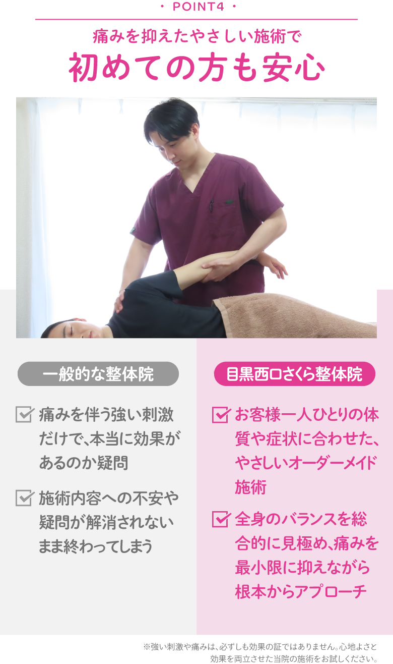 左肩の施術中の写真 Point4痛みを抑えたやさしい施術で初めての方も安心
