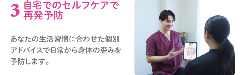 図を見せて施術の説明をしている写真 自宅でのセルフケアで再発予防へのアドバイスをしているところ