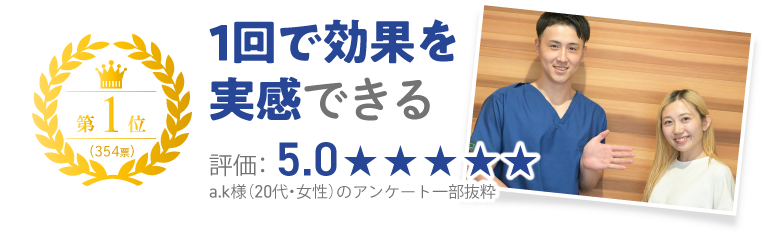 施術者と白シャツの患者さんの写真 第1位。1回で効果を実感できる