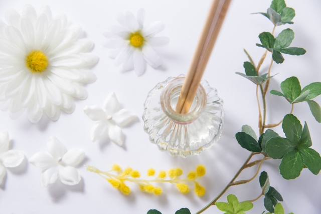 ミモザやデイジーを配置した写真 花と緑とルームフレグランス